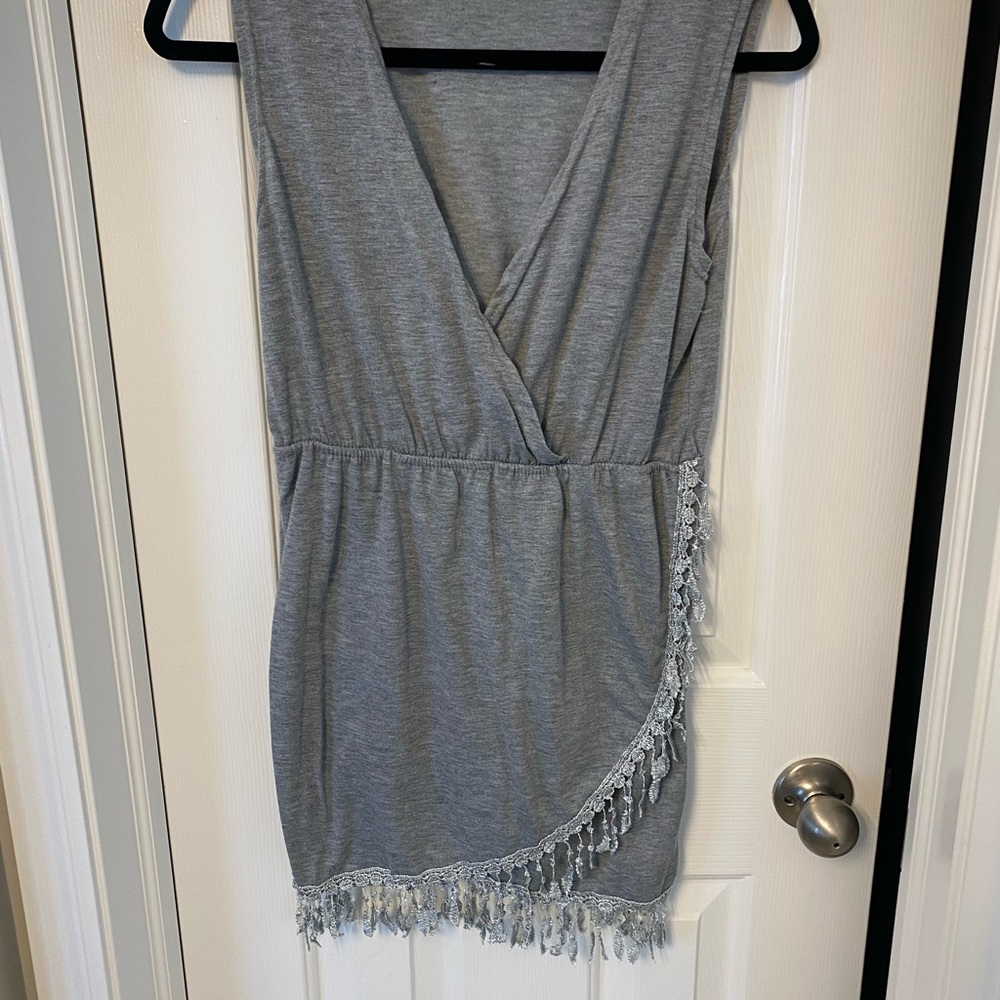 Grey wrap shirt with fringe bottom, size XL